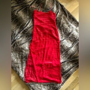 Vintage Asymmetric Red Jacquard Slip Dress SZ S
